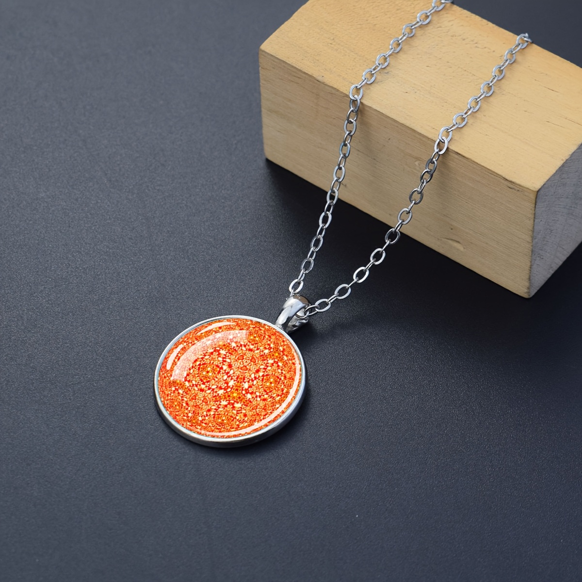 Orange Speckled Design Round Dome Pendant Necklace